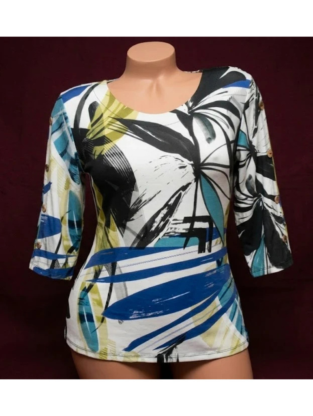Jess & Jane Abstract Floral Art Top Size S 3/4 Button Sleeve Made in USA